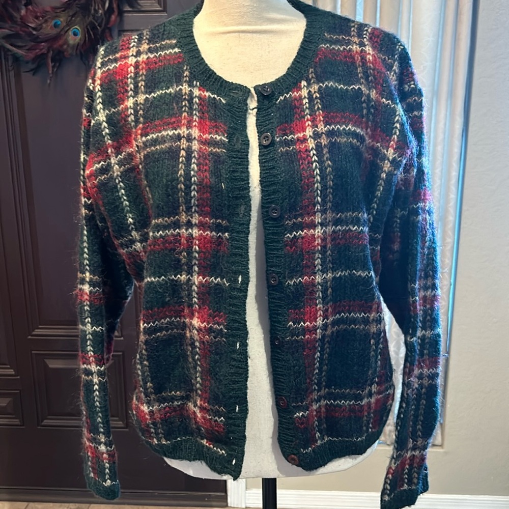 Vintage Christmas Plaid Mohair Fuzzy Cardigan